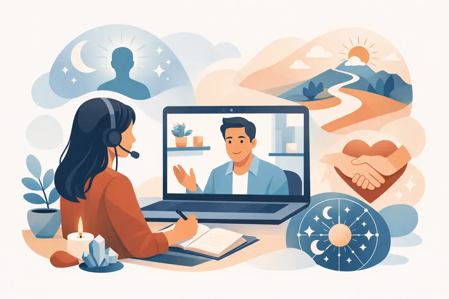 Une femme en appel vidéo sur son ordinateur portable, entourée d'icônes représentant le travail, les voyages, une poignée de main et la finance.