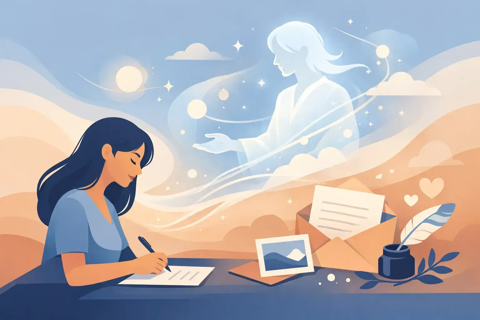 Une femme écrivant à un bureau, silhouette lumineuse, et des avions en papier symbolisent l'inspiration et les idées.