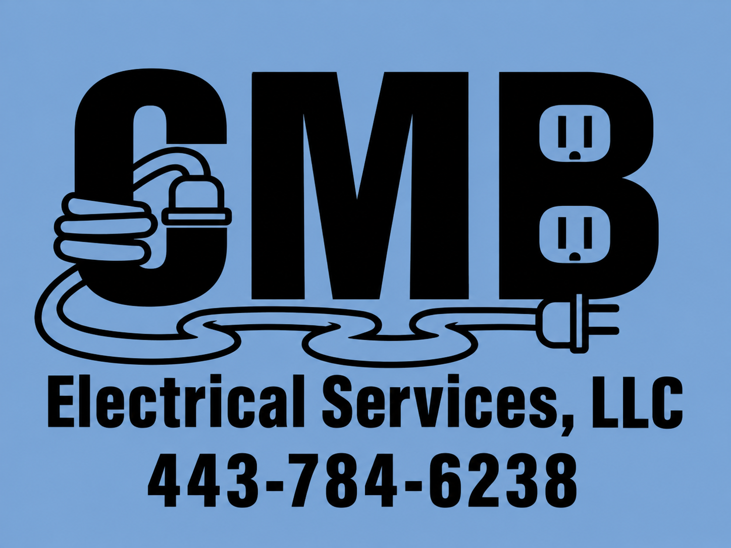 SMB Electrical Services, LLC logo with plug and cords, phone number 443-784-6238 on blue background