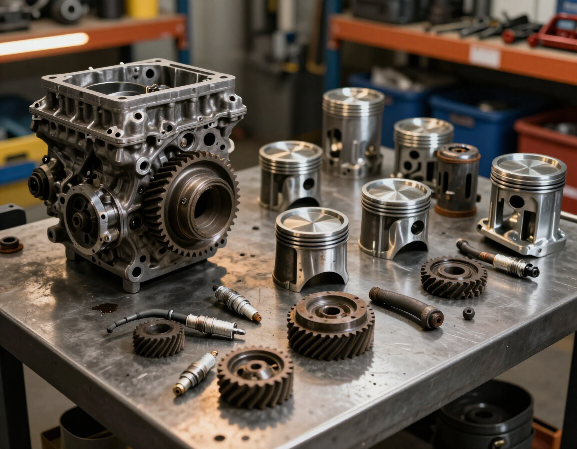 Motor, caja de velocidad y autopartes usadas en banco de taller