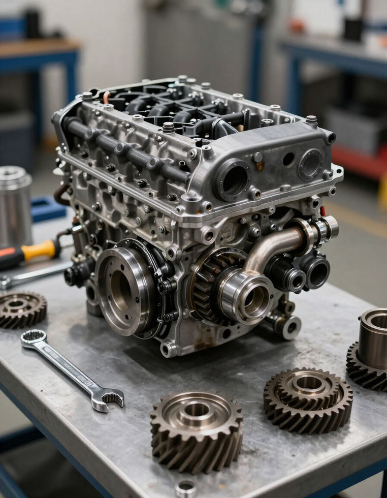 Motor y componentes mecánicos en banco de taller - AutoPARTS