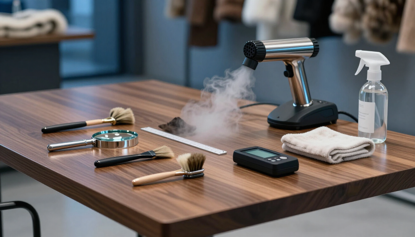 Strumenti per la pulizia a vapore disposti su un tavolo di legno, con vaporizzatore portatile e flacone spray.