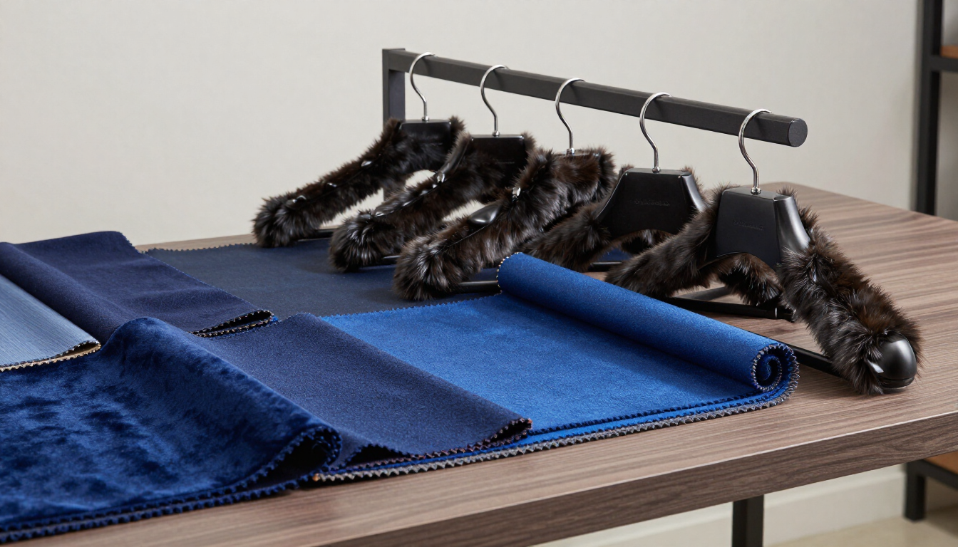 Stole di pelliccia nera appese a delle grucce sopra dei jeans blu piegati su un tavolo.