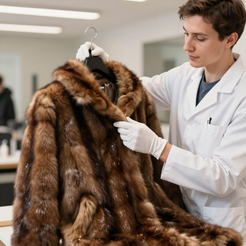 Una persona in camice da laboratorio esamina un cappotto di pelliccia marrone appeso a una gruccia in un'officina luminosa.