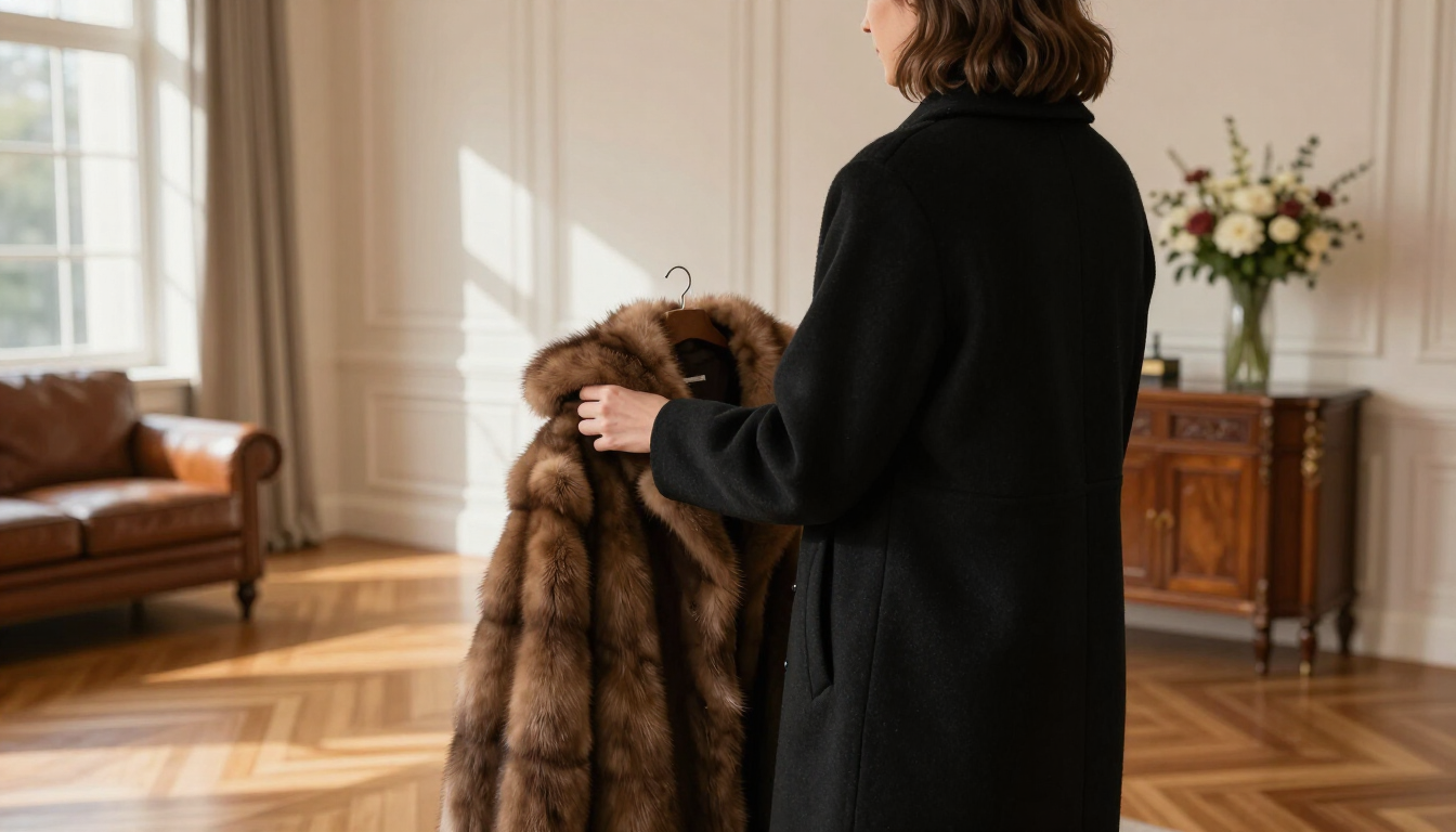 Una persona drappeggia un cappotto di pelliccia marrone su una sedia in una stanza soleggiata con pavimento in legno e fiori su una credenza.