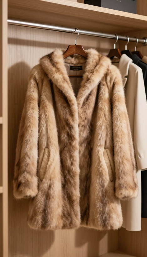 Cappotto beige in pelliccia sintetica appeso in un armadio aperto.