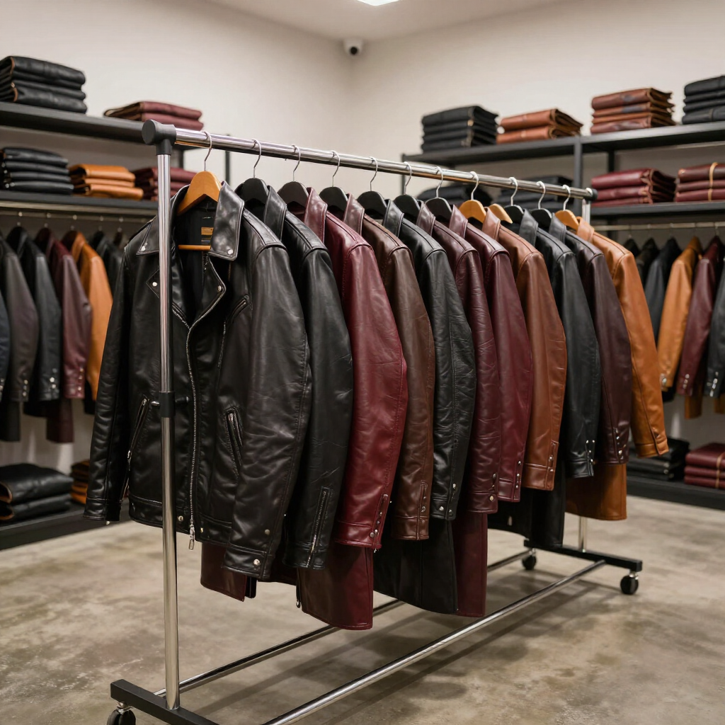 In uno showroom di abbigliamento, sono appese grucce con giacche di pelle di vari colori.