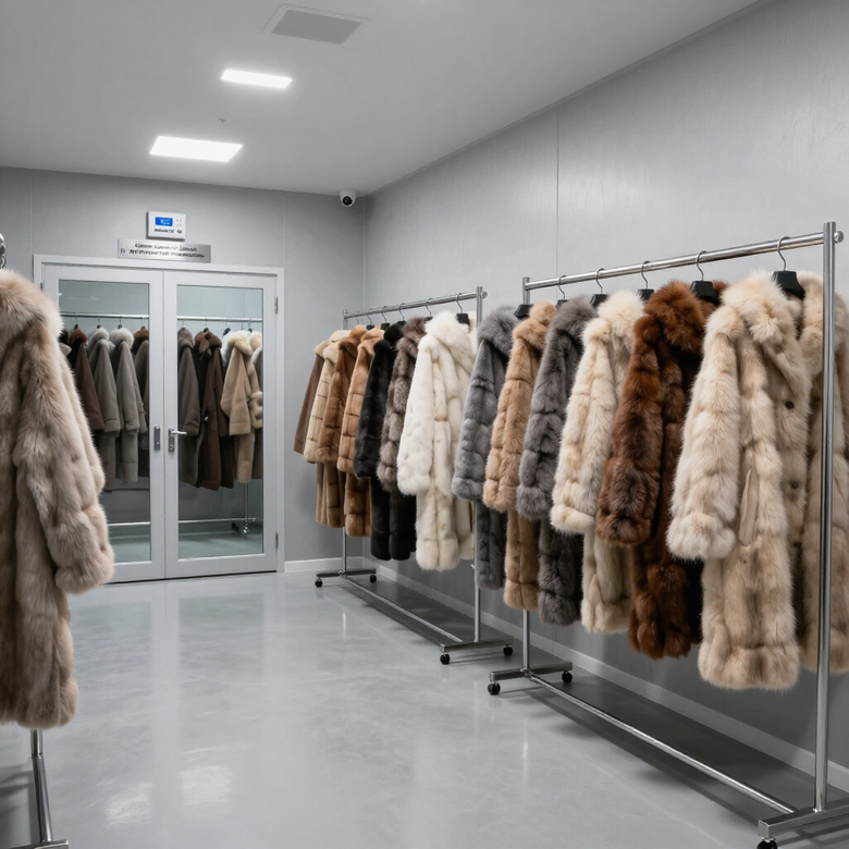 Luminoso negozio di abbigliamento con pellicce appese e un camerino con specchi sul retro.