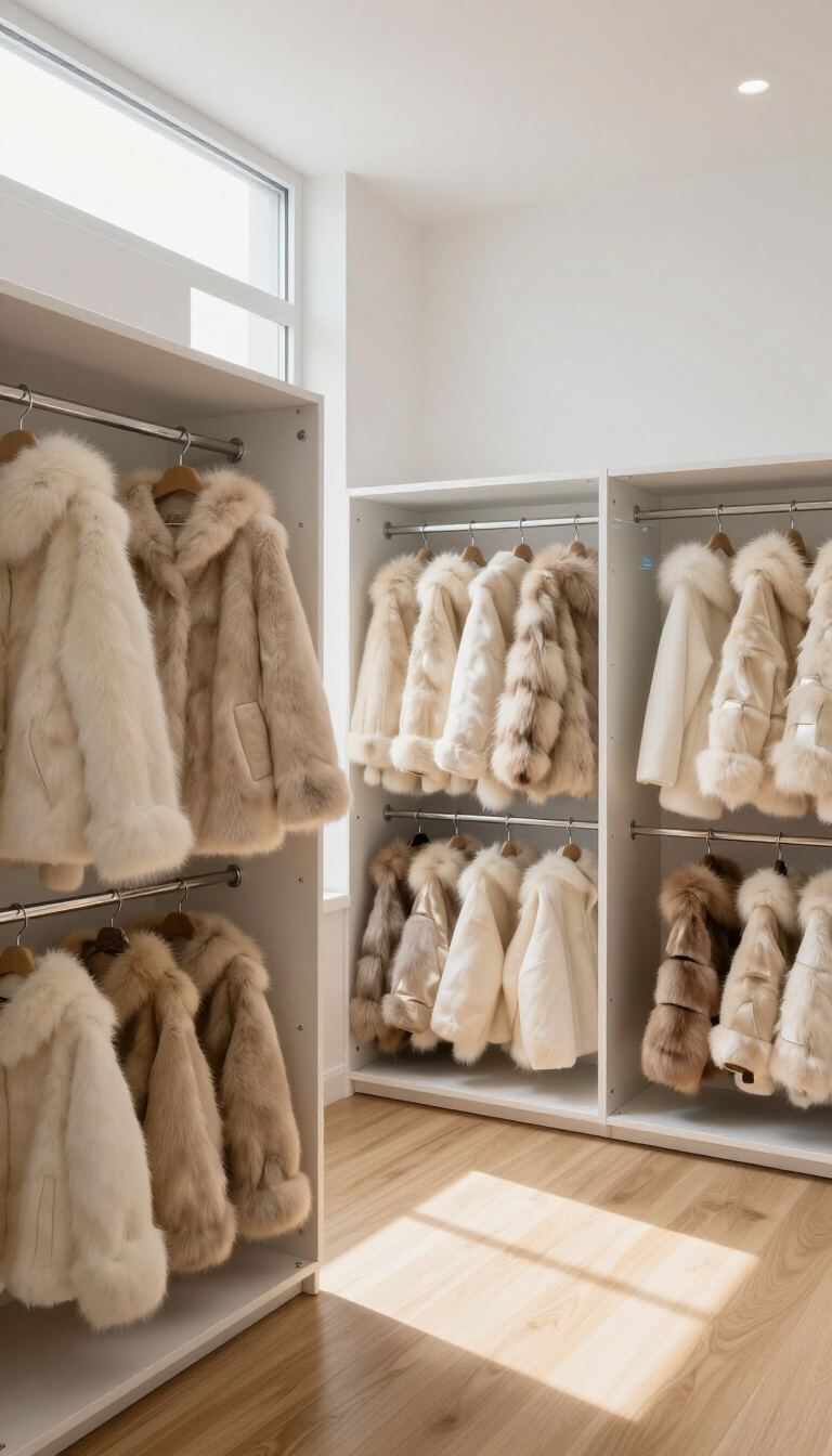 Cabina armadio luminosa con cappotti beige e bianchi appesi agli scaffali, luce del sole sul pavimento in legno.