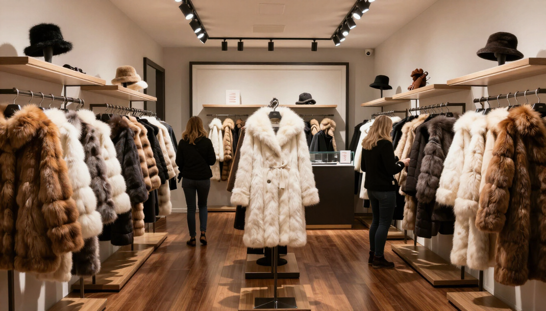 Negozio di abbigliamento di lusso con pellicce appese e un cappotto color crema esposto al centro.