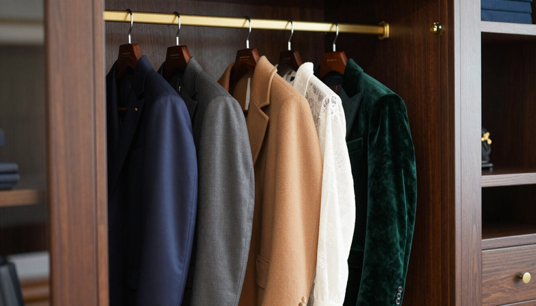 Vestiti appesi ordinatamente in un armadio di legno, tra cui indumenti blu scuro, grigi, beige, bianchi e verdi.