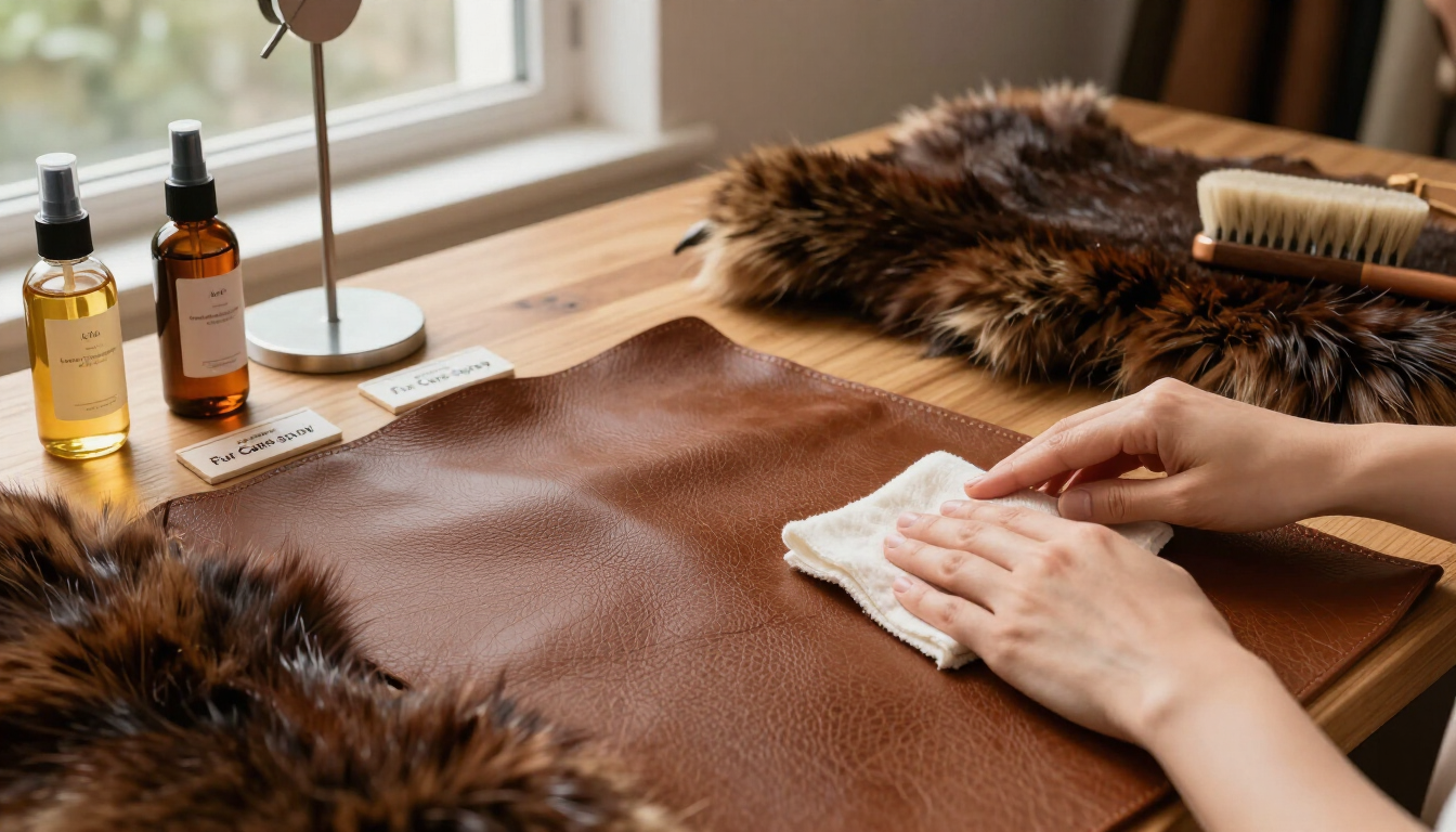 Mani che puliscono una superficie di cuoio marrone accanto a oli per la cura della persona e pelo in una stanza illuminata dal sole