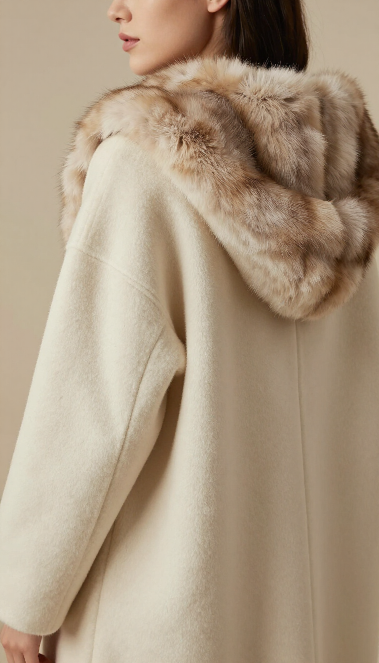 Cappotto color crema con cappuccio bordato di pelliccia, visto di spalle e di profilo su sfondo neutro.