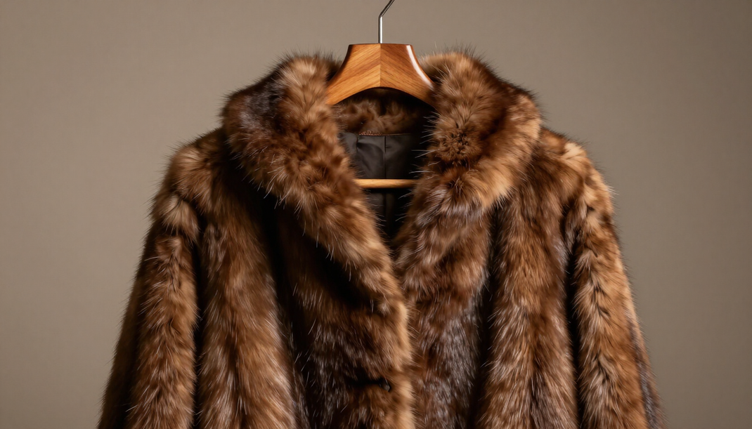 Cappotto di pelliccia marrone appeso a una gruccia di legno contro una semplice parete beige.