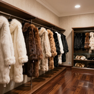 Una boutique con file di pellicce appese su grucce e scaffali di scarpe e accessori.