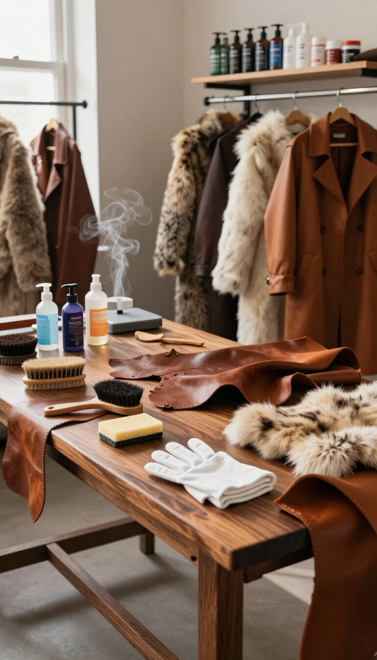 Boutique di abbigliamento con pellicce, giacche color cuoio e accessori esposti su tavoli e appendiabiti in legno.