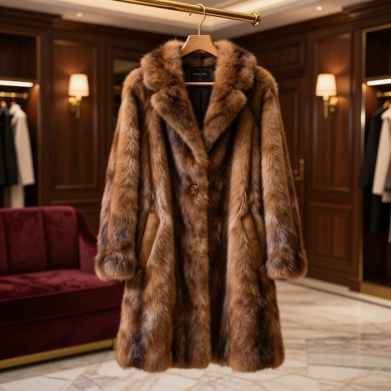 Cappotto di pelliccia marrone appeso in una boutique di lusso con pannelli in legno e luci calde.