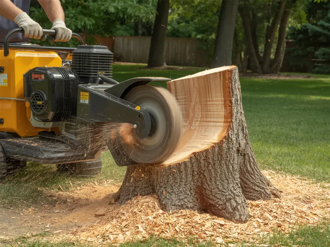 Person operating a stump grinder; grinding a tree stump in a grassy yard, with wood shavings.