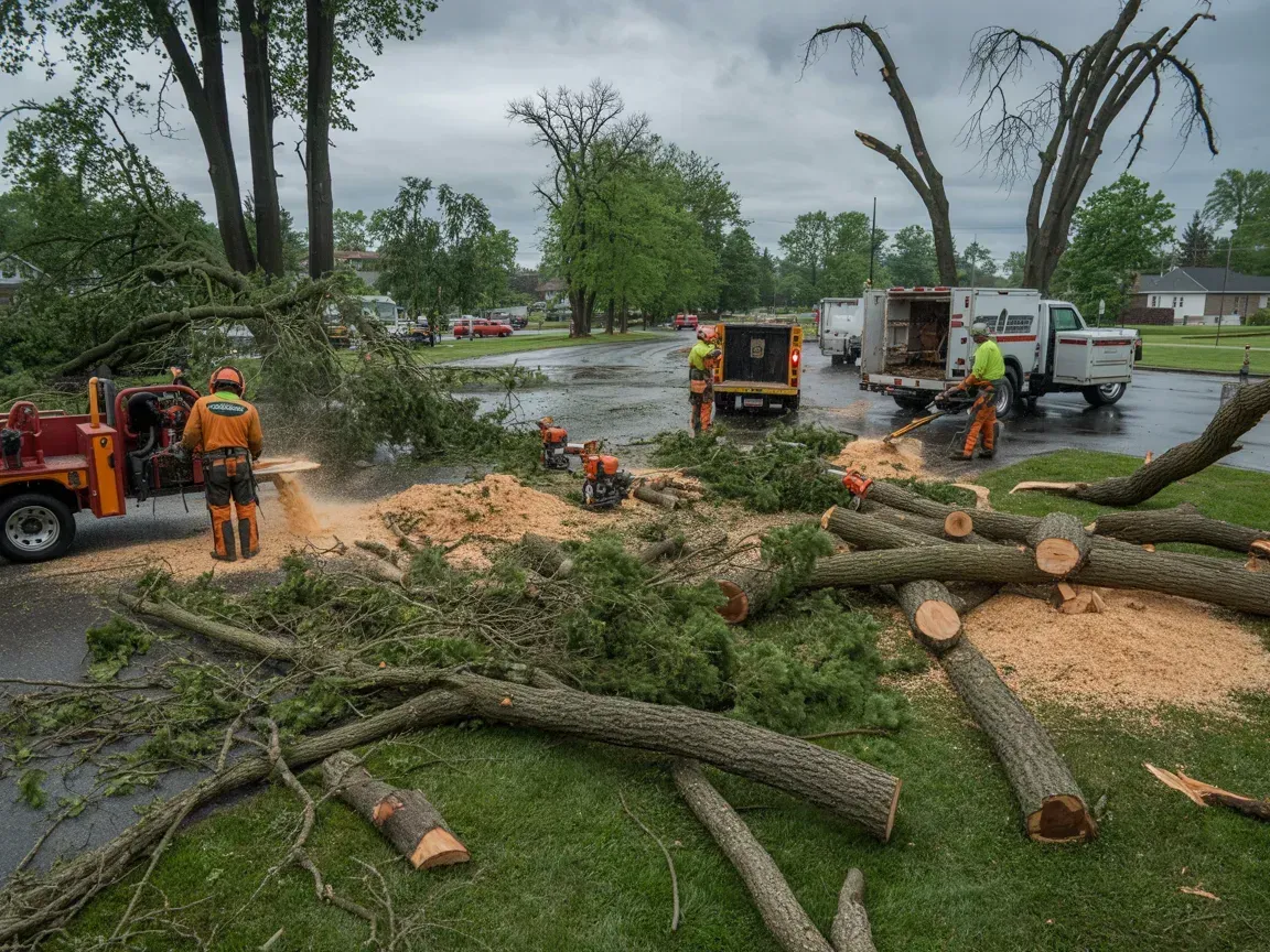 Tree removal crew cutting and chipping fallen trees after a storm, with debris on grass and street.
