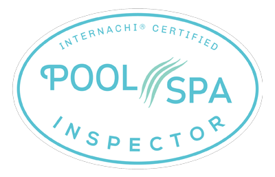 The logo for a pool and spa inspector is blue and white.