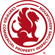 A certified commercial property inspector logo with a lion in a circle.