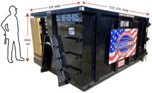 A picture of a black dumpster with measurements to show the size.