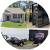 A collage of pictures of a house , a dumpster , and a truck.
