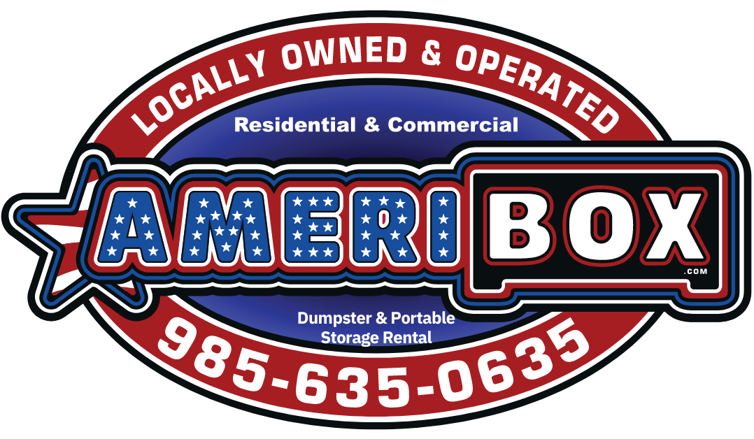 Logo for AmeriBox, a dumpster and storage rental service, featuring red, white, and blue colors.