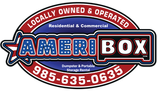 Logo for AmeriBox, a dumpster and storage rental service, featuring red, white, and blue colors.
