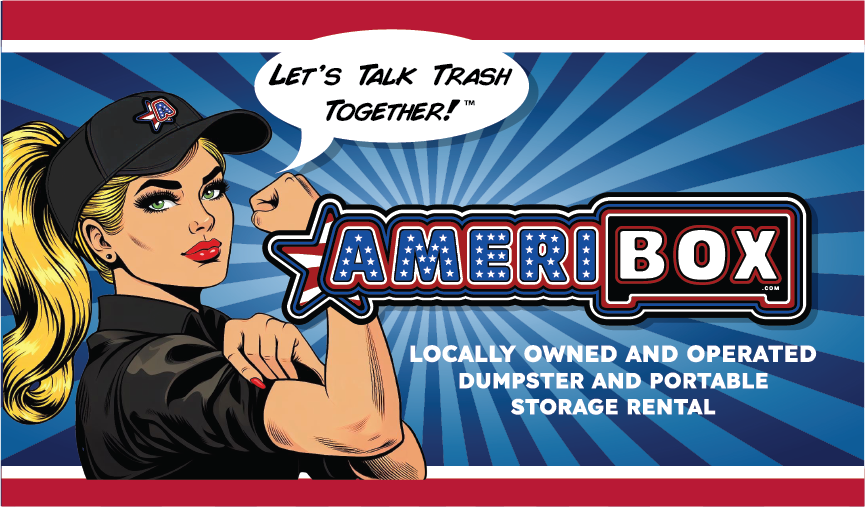 An advertisement for ameri box shows a woman flexing her muscles