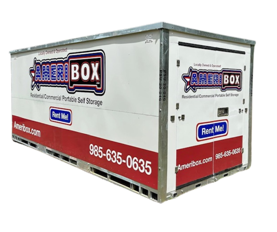 White Ameribox storage container with red accents, phone number, and 