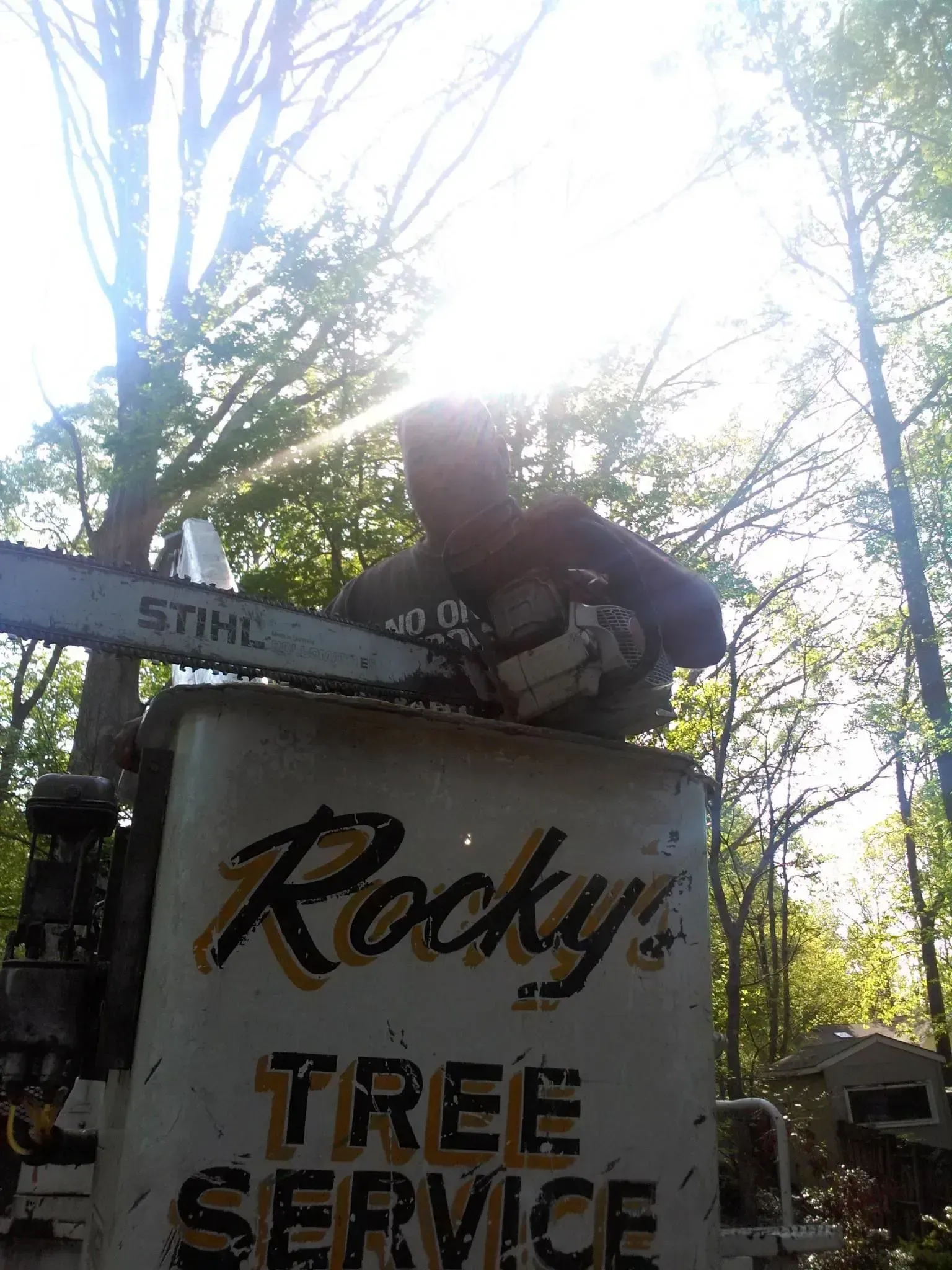 Person holding a chainsaw with 
