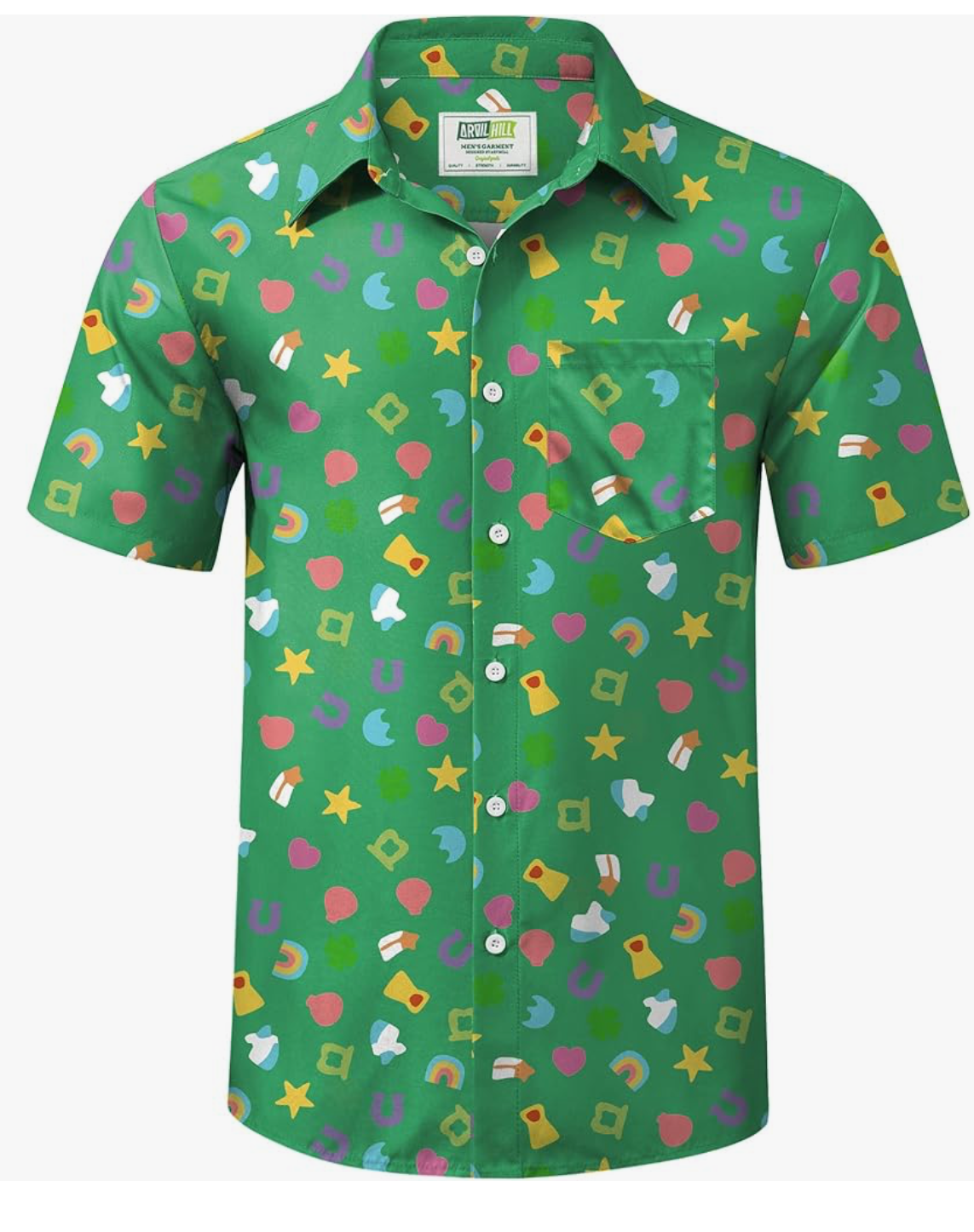 A green shirt with a colorful pattern on it