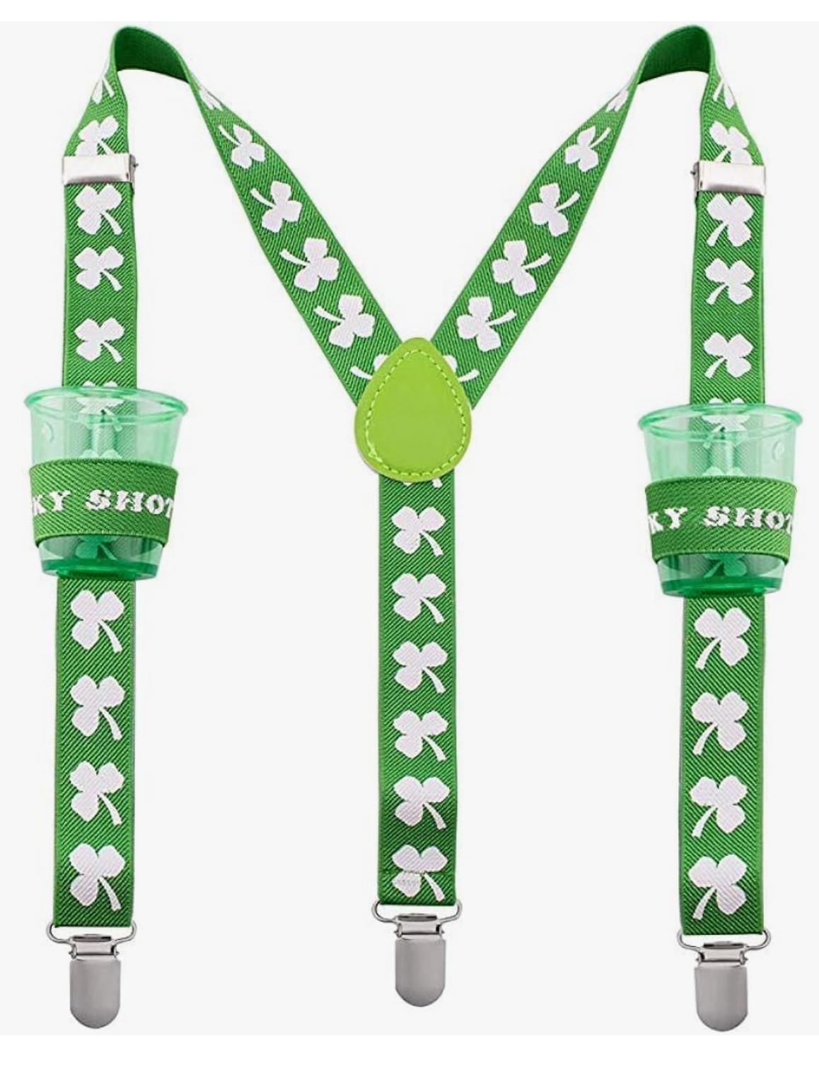 A pair of green suspenders with shamrocks on them