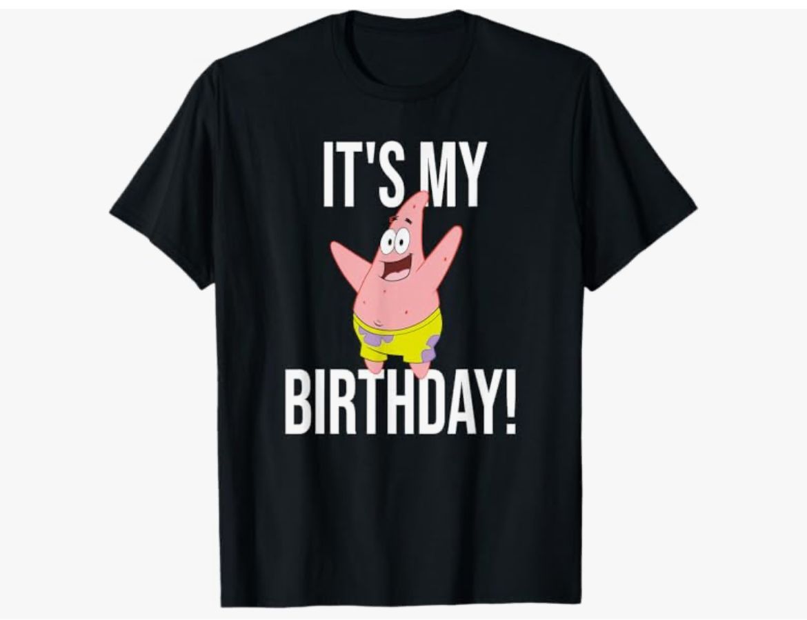 A black t-shirt with patrick star on it that says it 's my birthday !