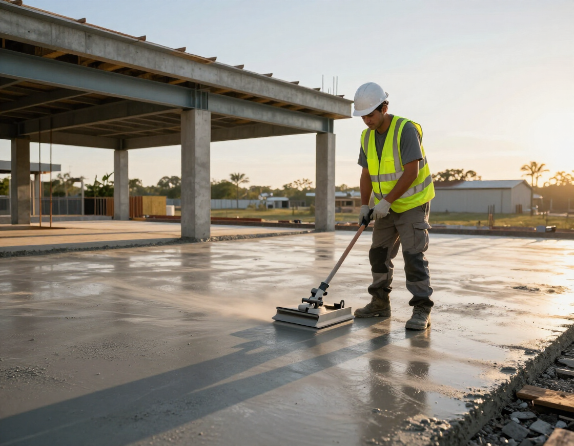 Concrete finisher working on commercial slab in Fort Lauderdale