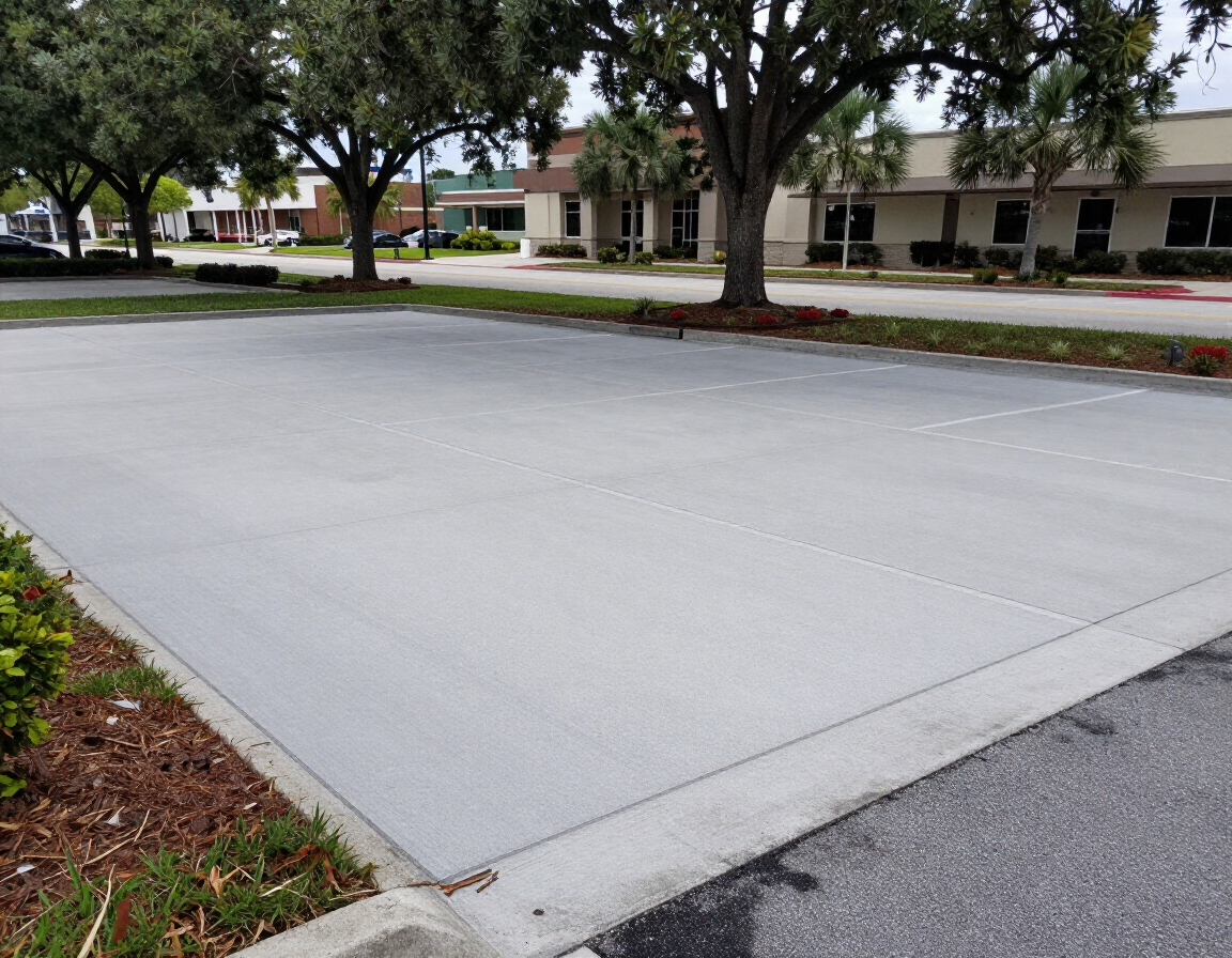 Concrete flatwork installation along a shaded Plantation street with mature trees