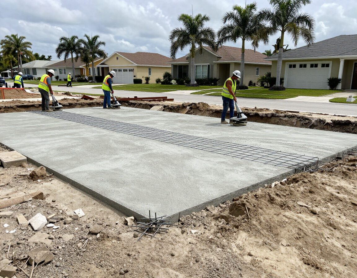 Concrete crew performing subgrade compaction on a driveway excavation site in Broward County