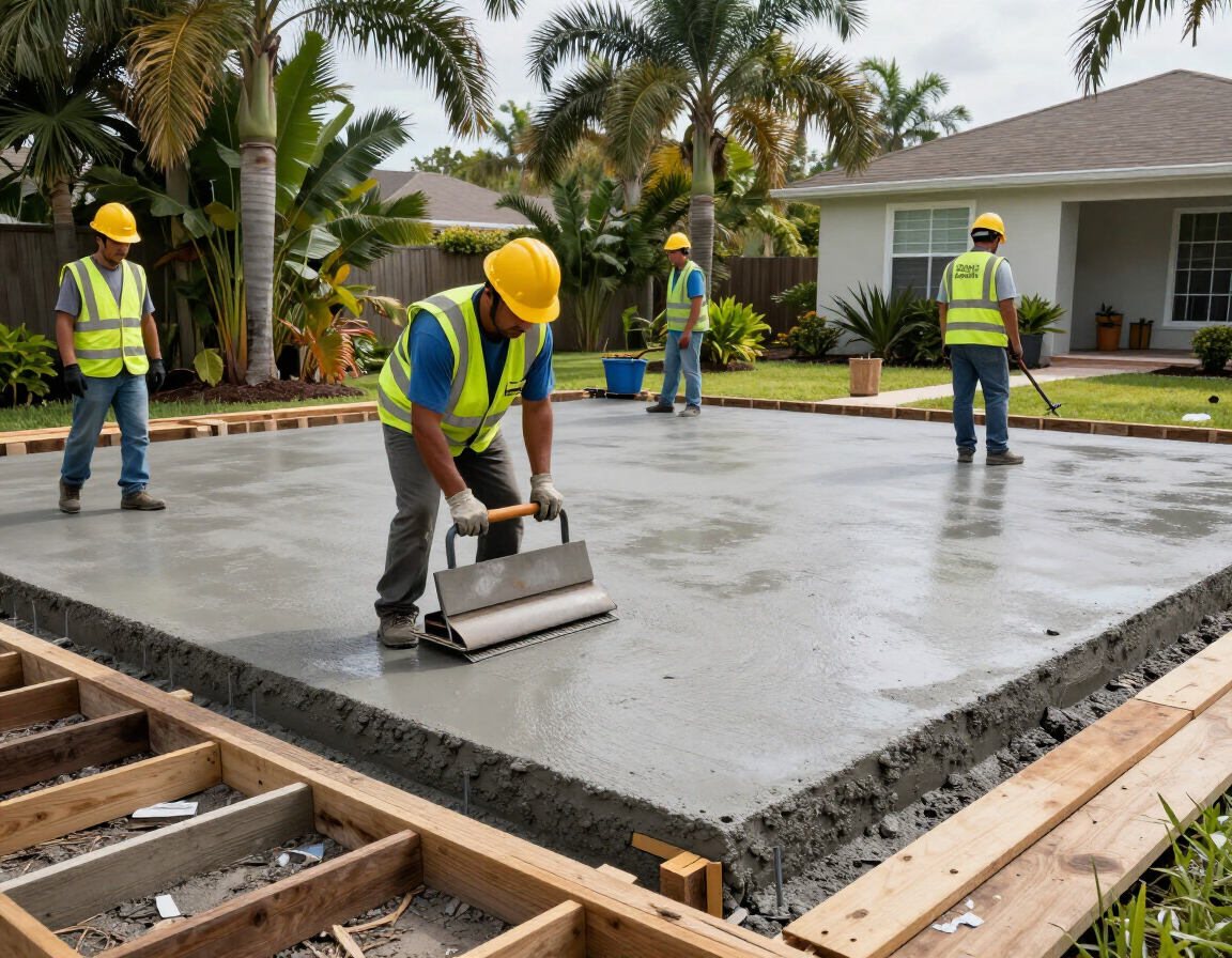 Concrete crew installing a patio slab in a South Florida backyard