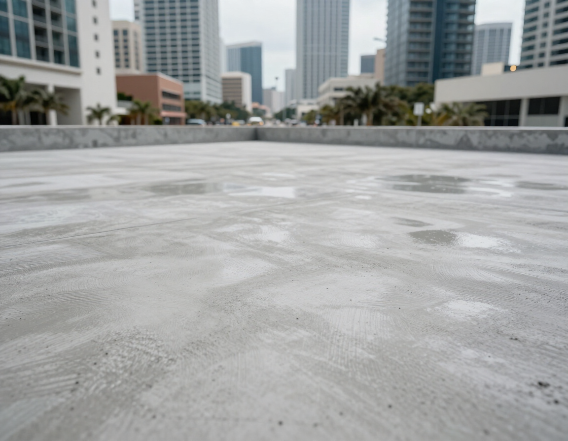 Freshly finished concrete flatwork on a Fort Lauderdale urban street with the downtown skyline in the background