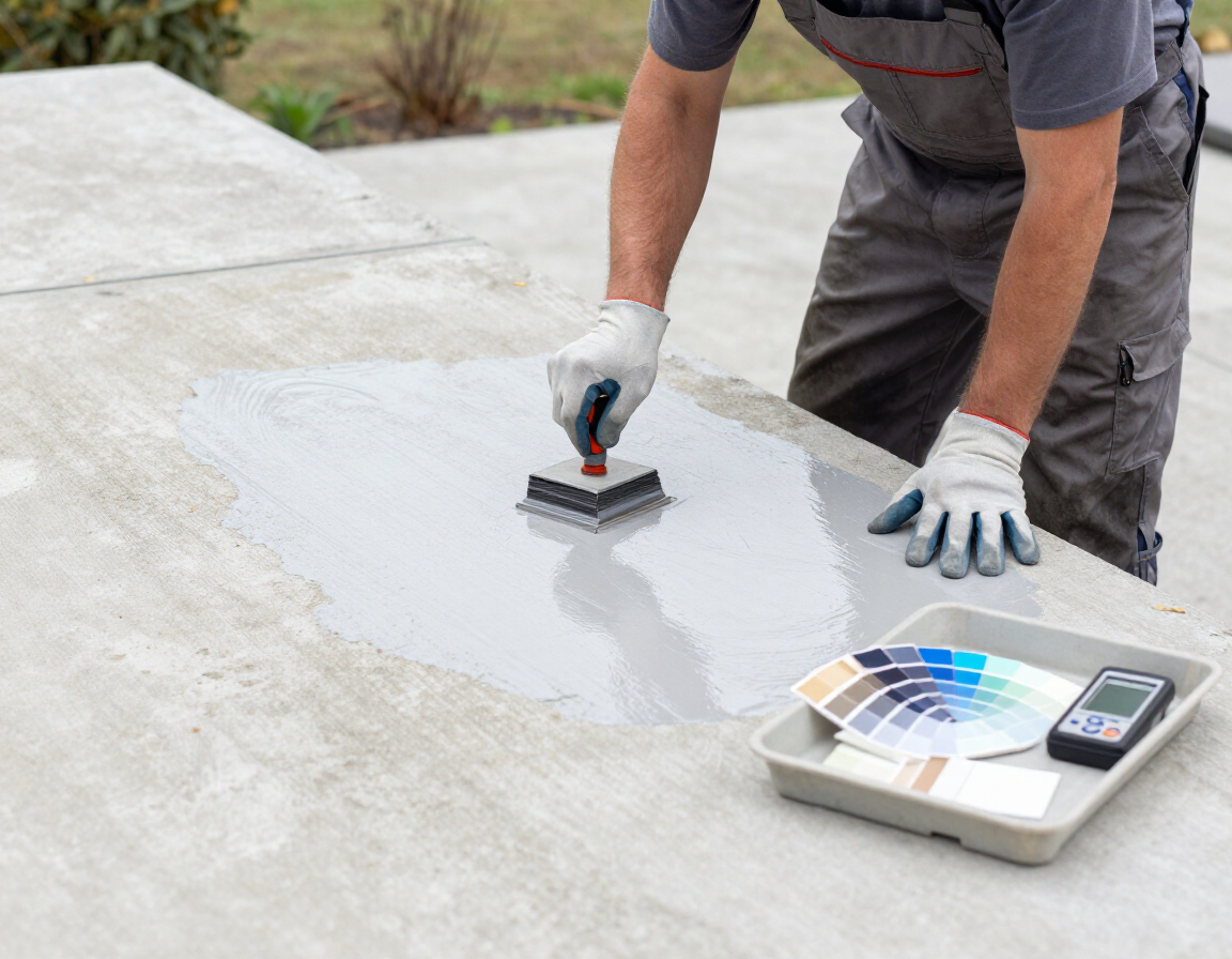 Concrete technician applying polymer overlay to weathered patio slab