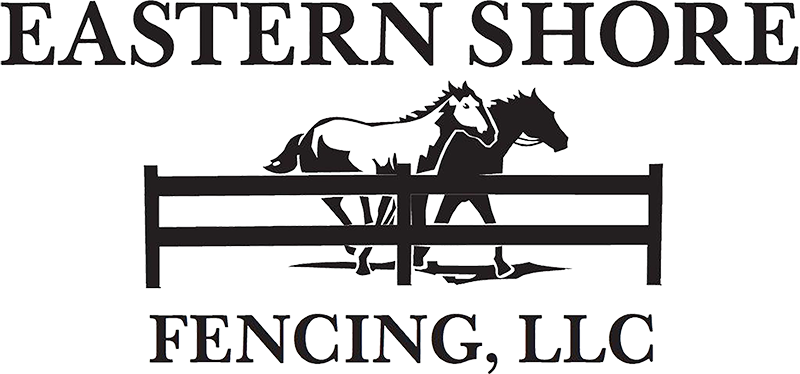 Logo for Eastern Shore Fencing, LLC featuring two horses running behind a wooden rail fence.
