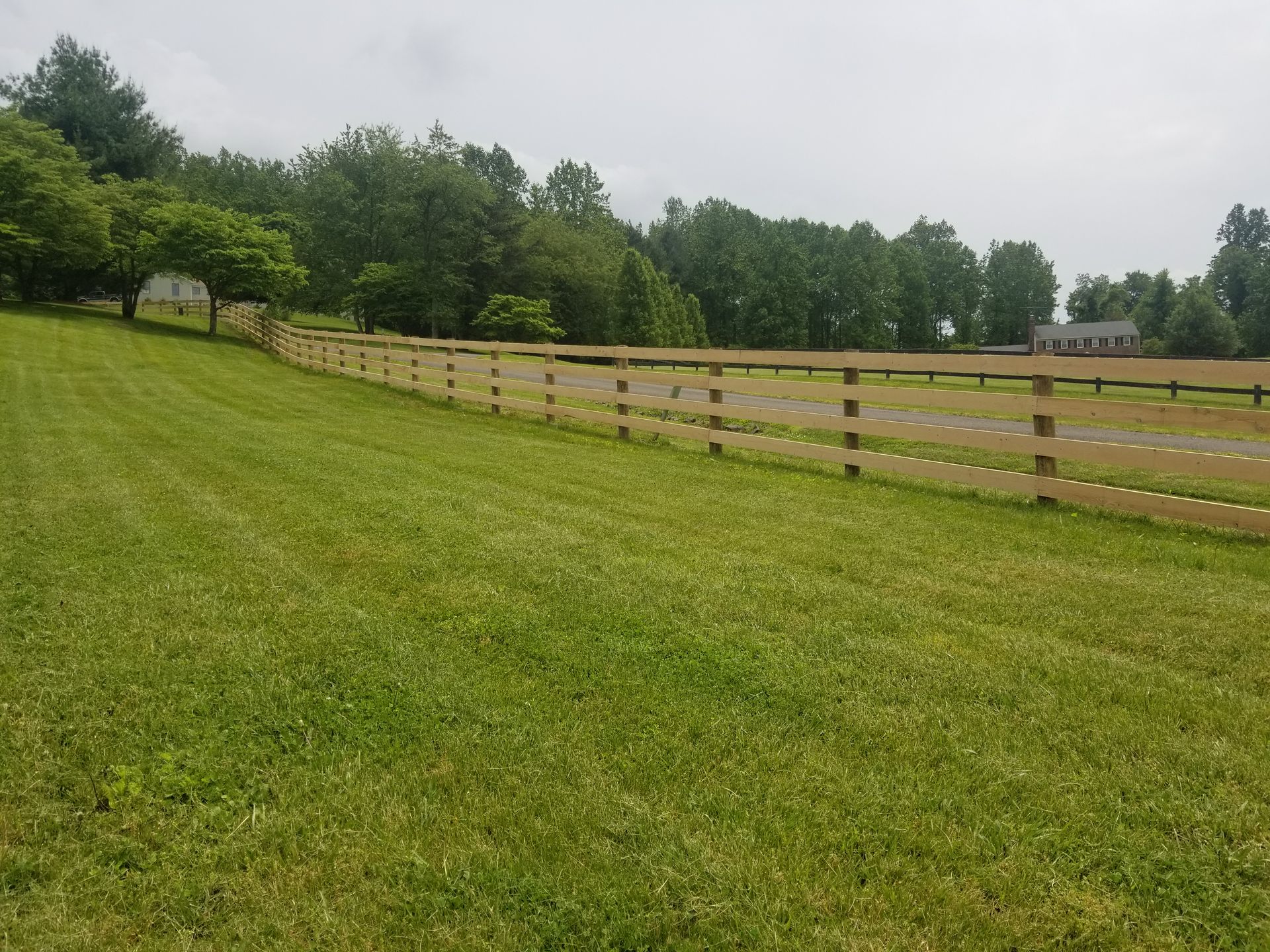A wooden split-rail fence runs across a rolling green field toward a line of trees under a cloudy sky.