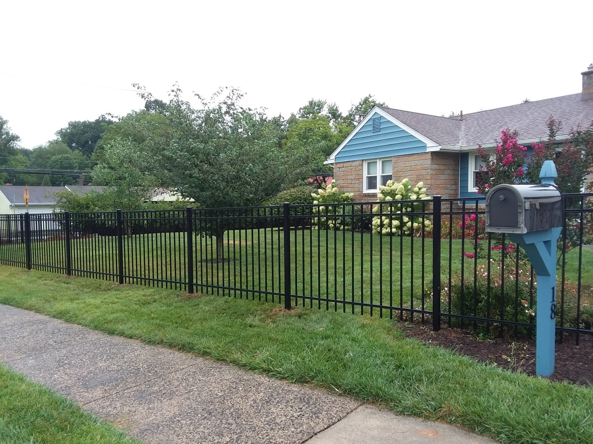A black metal fence surrounds a residential front yard with a house, a tree, and a blue mailbox post.