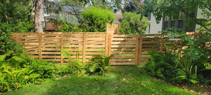 A horizontal-slat wooden privacy fence stands in a lush, green backyard surrounded by trees and ferns.