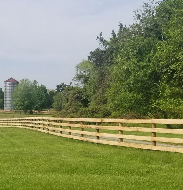 A long wooden fence divides a bright green pasture from a grove of trees and a tall metal silo under a cloudy sky.