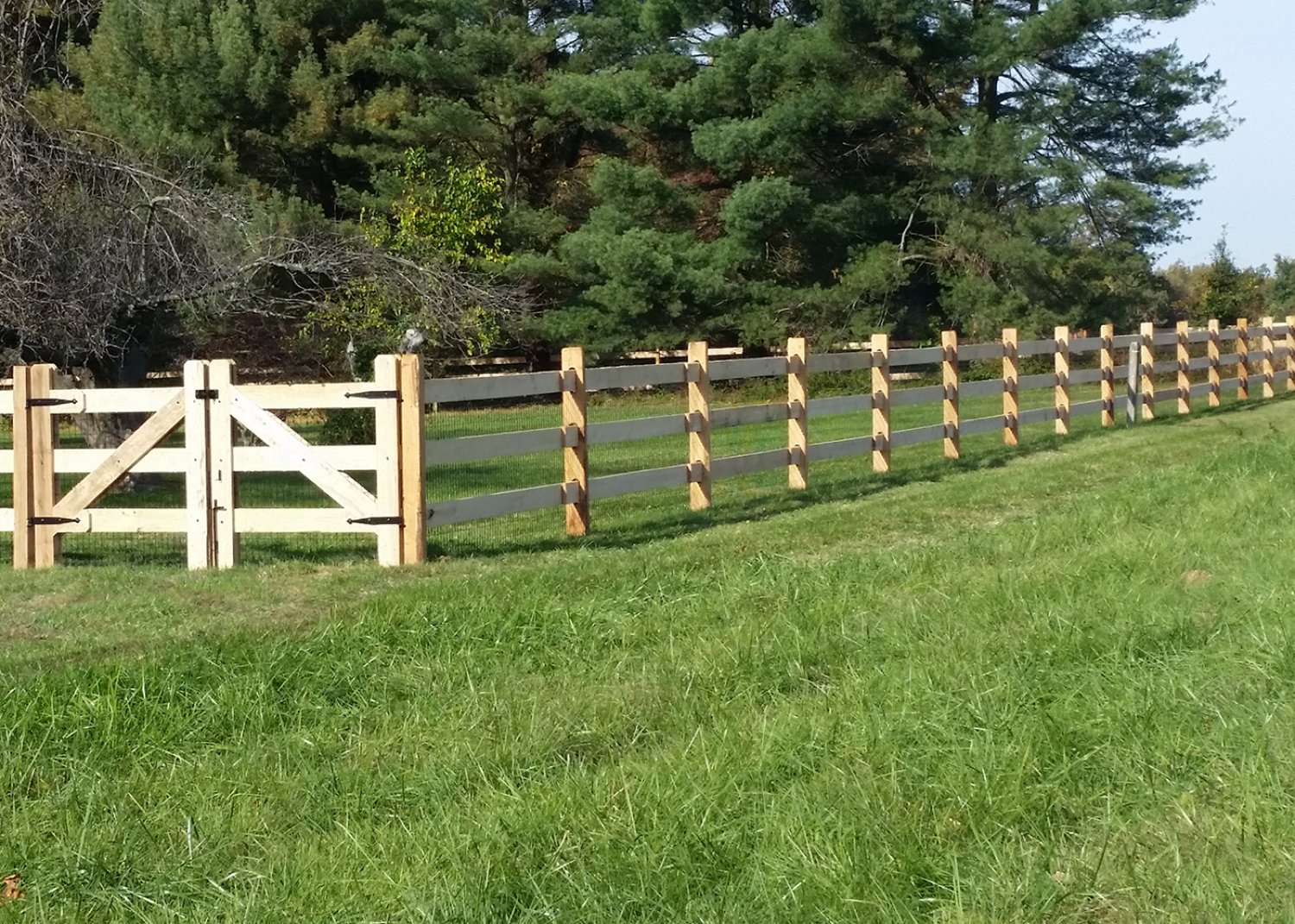 A wooden gate attached to a three-rail fence in a grassy field with trees in the background under a blue sky.