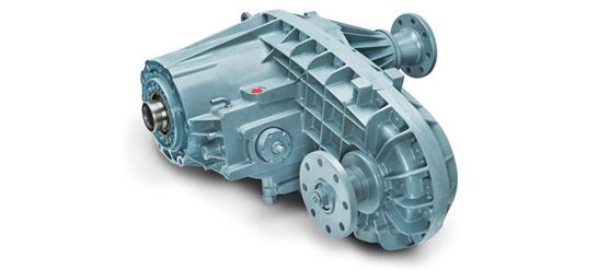 Industrial gearbox with metallic blue housing and visible gears on a white background