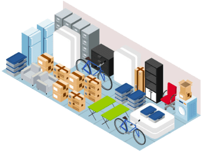 Storage unit with furniture, boxes, bikes, and appliances.