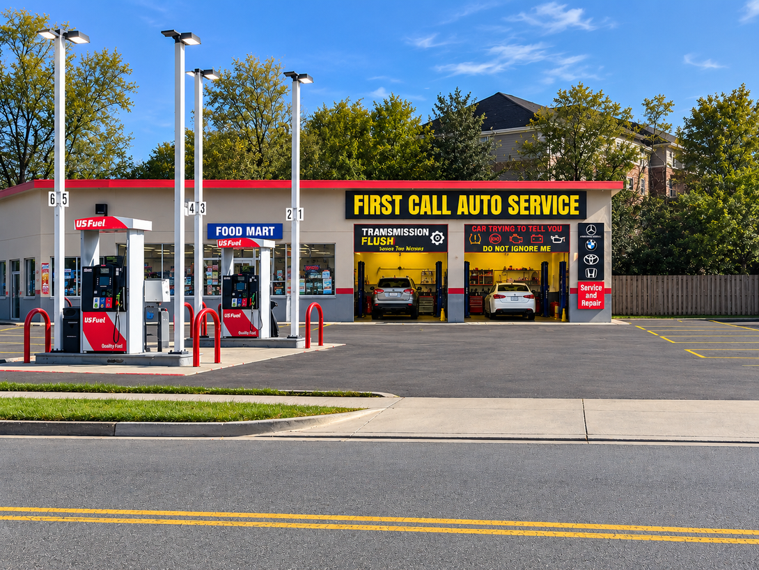 First Call Auto Service gas station and car wash with red pumps and yellow signage under a blue sky | First Call Auto Service